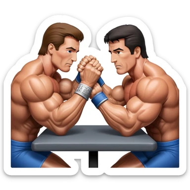 Arnold Schwarzenegger and Sylvester Stallone from 'Over the Top,' locked in an arm wrestling battle, using only their right hands. Their left hands rest on the table. Both display immense strength, with muscular arms flexing, under bright competition lights. Transparent background. sticker