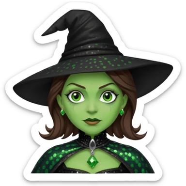 The Wicked Witch from Oz with green skin, brown hair, black sequin outfit sticker