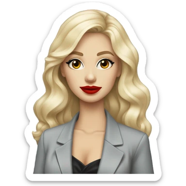 Russian Blonde long hair with red lips small nose and black eyes Tiffany diamond seller in a grey suit sticker