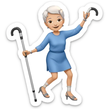 old woman with short hair dancing with crutches sticker
