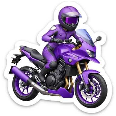 Créer un emoji avec une moto mt07 sport noir mate / violet iridescent très foncé, pare-brise de la moto violet. Avec une pilote dessus visière violet sombre visage caché . Avec fond arrière violet en arrière plan. sticker