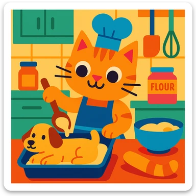 whimsical and cute cat baking a cake shaped like a dog, colorful and playful cartoon style sticker