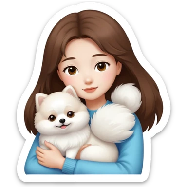 Brown hair Chinese girl hugging a white pomeranian sticker