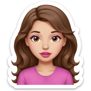 girl with long wavy brown hair, brown eyes, light to medium complexion, in a pink shirt, pink lips, long lashes, puckering lips, winking sticker