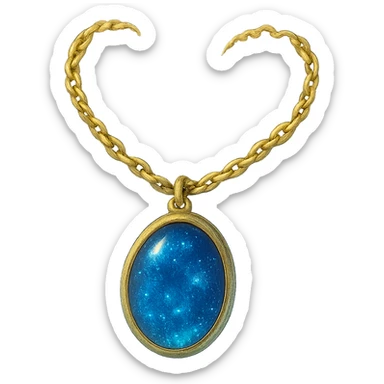 gold chain floating in midair with a deep blue starry stone, glowing faintly, shimmering like liquid gold, mystical aura sticker
