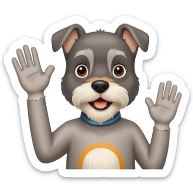 Happy Schnauzer waving hello. A speech bubble with HELLO sticker