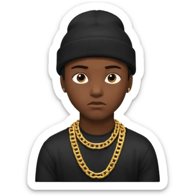 Create an Apple style emoji of a young man wearing a black beanie and a thick chain, with a serious expression. No text. sticker