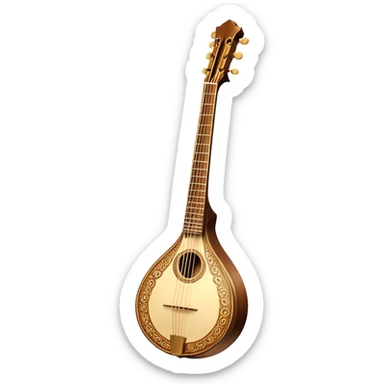Bouzouki – Cinematic Realistic Bouzouki, depicted as a beautifully crafted Greek string instrument with a long neck and ornate fretwork, its polished wooden body reflecting warm golden light, set on a rustic background with soft shadows that evoke traditional Mediterranean music. sticker