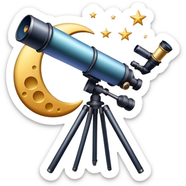 An icon featuring a telescope, stars, and a planet, symbolizing astronomy. The design includes a crescent moon, distant galaxies, and constellations, representing the study of space and celestial bodies. Transparent background highlights the exploration of the universe and cosmic phenomena. sticker