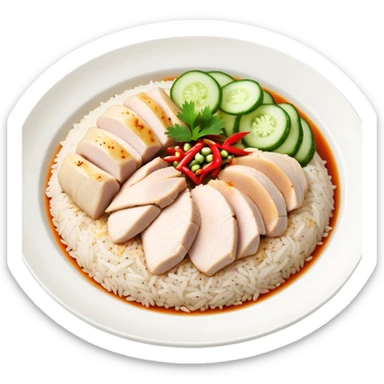 Singapore Hainanese chicken rice with sliced chicken, fragrant rice, cucumber and chili sauce sticker
