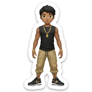 full side body view of muscular 13yo boy with veiny hands arms and biceps. has messy black hair with dark-tan skintone with black tshirt. has gold chain and nike shoes with baggy pants sticker