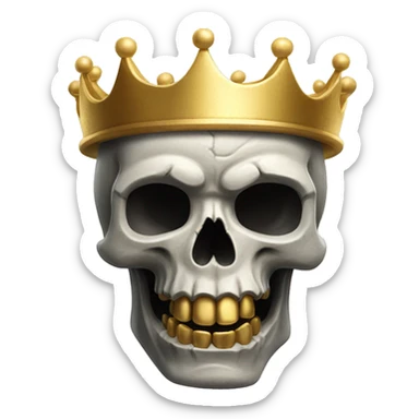 stone skull with a golden canine tooth and a crown sticker