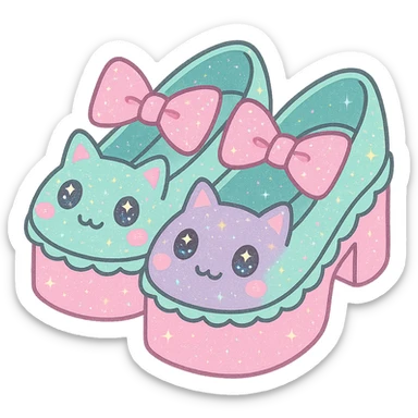 Refine the kawaii BLACKPINK-inspired gothic shoes with a large bow and scalloped edge, featuring pastel colors enhanced with sparkling glitter and subtle neon pink accents for a fun, eye-catching look. No hearts. Transparent background. sticker