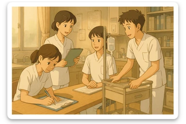 Four students (inspired by photos), collaborating in a care station, Ghibli style, white short-sleeve uniforms with V-neck, left chest pocket, no collar stand, no stethoscopes, no undershirts, various working postures. sticker