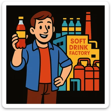 cartoon style illustration of a friendly man in casual clothes, standing in front of his modern soft drink factory, holding a bottle with a random generic label, introducing his drink, vibrant and professional, black background sticker