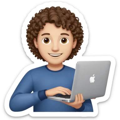 guy with curly hair and skin tone a little bit white, with a macbook sticker
