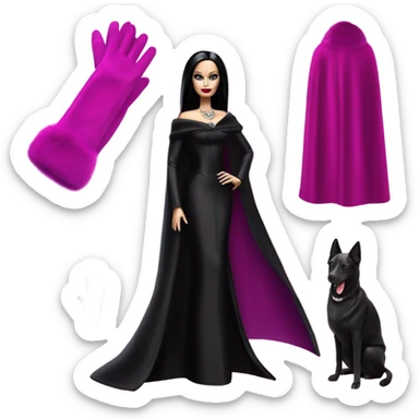 Fucshia ‘n Fur Barbie, Morticia Addams, cape,veil,funeralwear,showing off, show full body,accessories coat gloves  sticker
