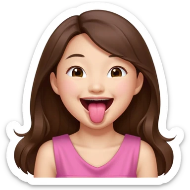asian girl with long brown hair and fair skin wearing pink dress laughing while sticking tongue out sticker