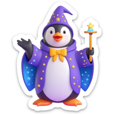 cute penguin wizard casting a spell, with sparkles and a starry robe, 3D emoji style sticker