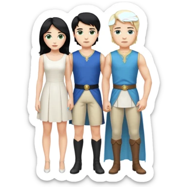 prince, standing upright, black Hair, blue eyes, garment, and woman, bending knee, sleveless white dress, blonde hair, green eyes, sticker