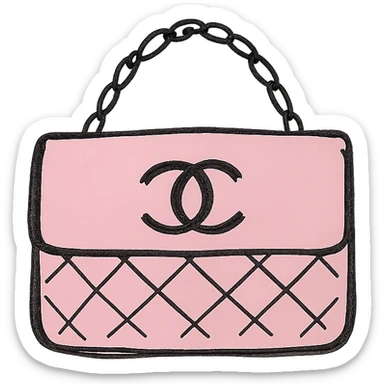 pink Chanel purse with classic CC logo, hand-drawn black outline icon style, no fill sticker