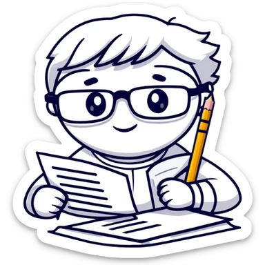 precise pencil character with glasses checking a document as a pedant mascot sticker