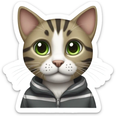 A tabby cat with a white chest and paws, large green eyes, and perked ears. It has a sleek, striped coat with a mix of dark gray and white tones. sticker