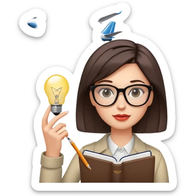 A woman with a sleek hairstyle, stylish glasses, holding a notebook, a lightbulb above her head, an airplane in the background. sticker