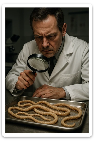 A middle-aged male kinesiologist wearing a pristine white lab coat, intensely analyzing long, beige tapeworms (like Taenia) under a magnifying glass. His expression is focused and slightly concerned, with dramatic studio lighting casting sharp shadows. The parasites are highly detailed, moist, and textured, stretched across a sterile metal tray. The background is blurred but suggests a clinical environment—hints of a microscope, medical charts, and clean lab equipment. The style is hyper-realistic, with a cinematic contrast between the bright white coat and the grotesque, organic forms of the parasites. No sci-fi elements, just raw medical realism with a disturbing edge sticker