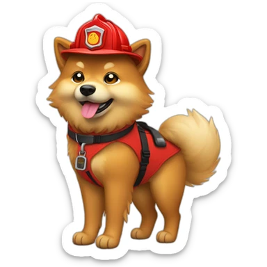 Full body fawn Eurasier happy, Red firefighter hat and red boots tail wagging sticker