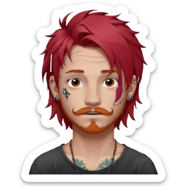 generate an ios genmoji of a 20 year old boy with shoulder length hair messy very messy dyed red hair. ear piercings. a lot of tattoos. and a faint stubble mustache sticker