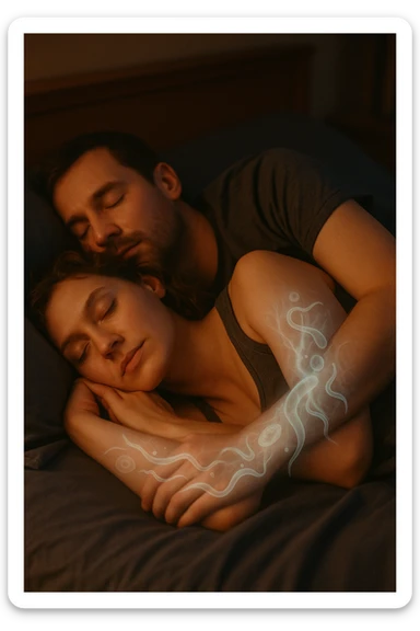 A hyper-realistic, cinematic image of a man and a woman sleeping together in the same bed under soft, dim night lighting, with their bodies close and touching. Their skin appears slightly illuminated where it touches, and under a subtle x-ray style overlay, faint ghostly silhouettes of microscopic parasites and worm-like organisms are visible crawling transdermally between their bodies, symbolizing silent, unnoticed parasite transmission during sleep. The environment is a cozy bedroom with warm tones, but the presence of the glowing parasites creates a slightly unsettling feeling, emphasizing the hidden danger. Their faces are calm, unaware, symbolizing the unconscious nature of the transmission. The image is detailed with a 35mm film hyperrealistic aesthetic, focusing sharply on the point of contact between their skin where the parasites pass, while the background remains softly blurred. The color palette uses muted warm browns and soft moonlight blues to maintain a nighttime, intimate feeling, contrasting with the translucent, glowing parasites to illustrate the hidden risk of transdermal parasite transmission while sharing a bed sticker