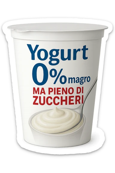 confezione di Yogurt 0% con la scritta "Yogurt 0% magro ma pieno di zuccheri" sull'etichetta sticker