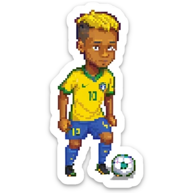 Neymar Jr. in pixel art style, dribbling a soccer ball, wearing Brazil's yellow kit, signature haircut, simple background sticker