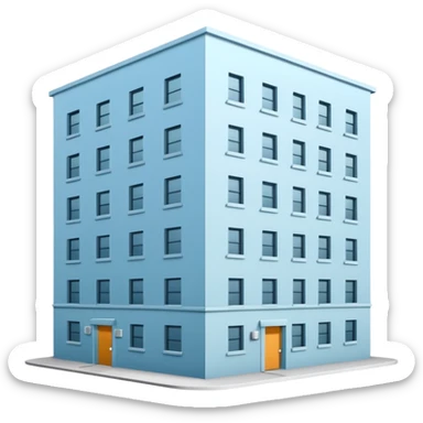 light blue rectangular 9-story apartment building surrounded by fence, closed courtyard, minimal flat vector icon, friendly clean design sticker