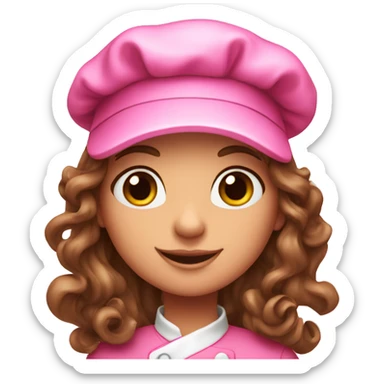 Chef girl with long curly brown hair in a pink cap sticker
