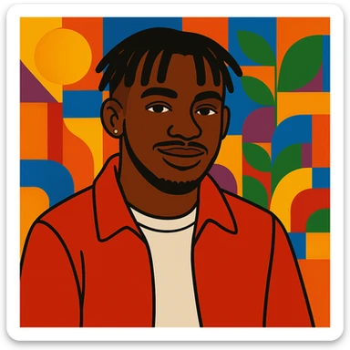 Create a vibrant cartoon style illustration inspired by the original album cover of Mélo featuring Tiakola. He is wearing a red jacket and a white t-shirt. The background is colorful and inspired by the original cover. No text included. sticker