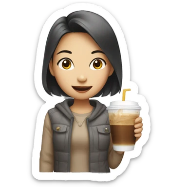 a asian girl drinking a cup of iced coffee sticker