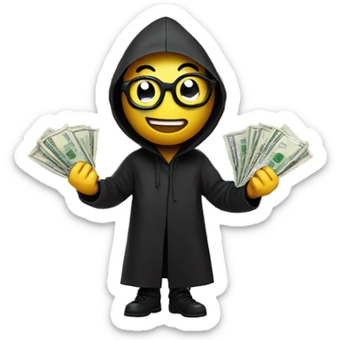 Smiley face in black glasses with money in his hands in a black raincoat sticker