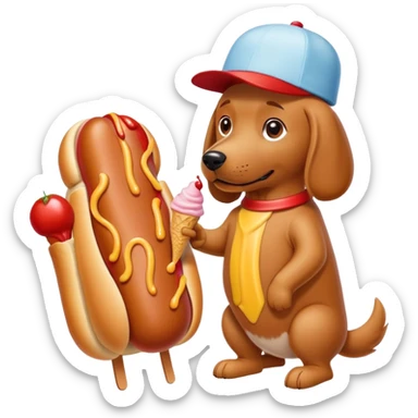 Make me a dog with a hot dog body suit a ketchup hat and he is eating ice cream while being pet by owner sticker