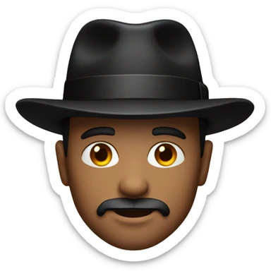 Man with bright red skin, black fedora and black goatee sticker