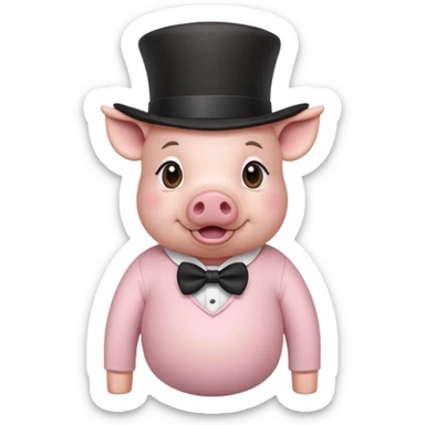 Pig wearing a long sleeve tshirt, baby pink, with the print ’suiade’ and a top hat sticker