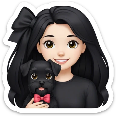 pale girl smiling with light eyes and long black hair wearing black shirt with bow and smiling black schnauzer  sticker