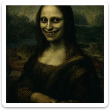 Mona Lisa in an oil painting style, with a creepy smile, unsettling eyes, and an eerie atmosphere sticker