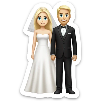 bride in white dress, blonde, blue eyes, white skin with black suit groom, white foot brown hair sticker