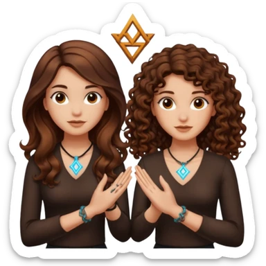 shared idea — long wavy brown hair tattooed woman and short tight curly brown hair woman — glowing rune between hands sticker