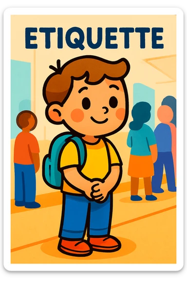 a child waiting patiently in line, etiquette theme, vibrant toon style sticker
