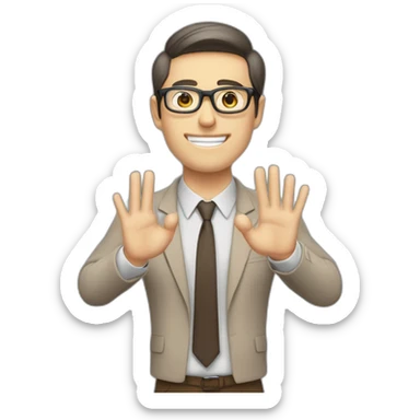 To belt Actively gesturing with hands Okay Pale skinned fit man with dark brown hair in gray jacket, beige office shirt, brown tie, brown pants and vintage glasses. sticker