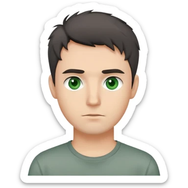 man with dark messy short hair, dark green eyes, wearing a gray t-shirt sticker