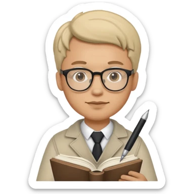 man hold a pen in hand write in book , wearing glasses sticker